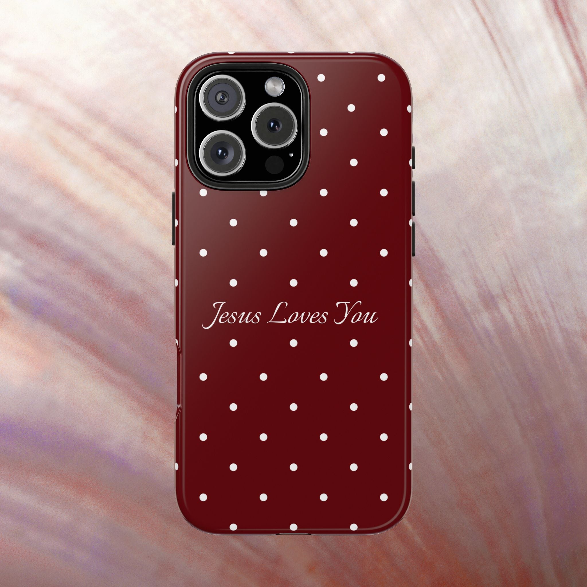Dark Red and White Polka Dot Phone Case - Jesus Loves You Protective Phone Case