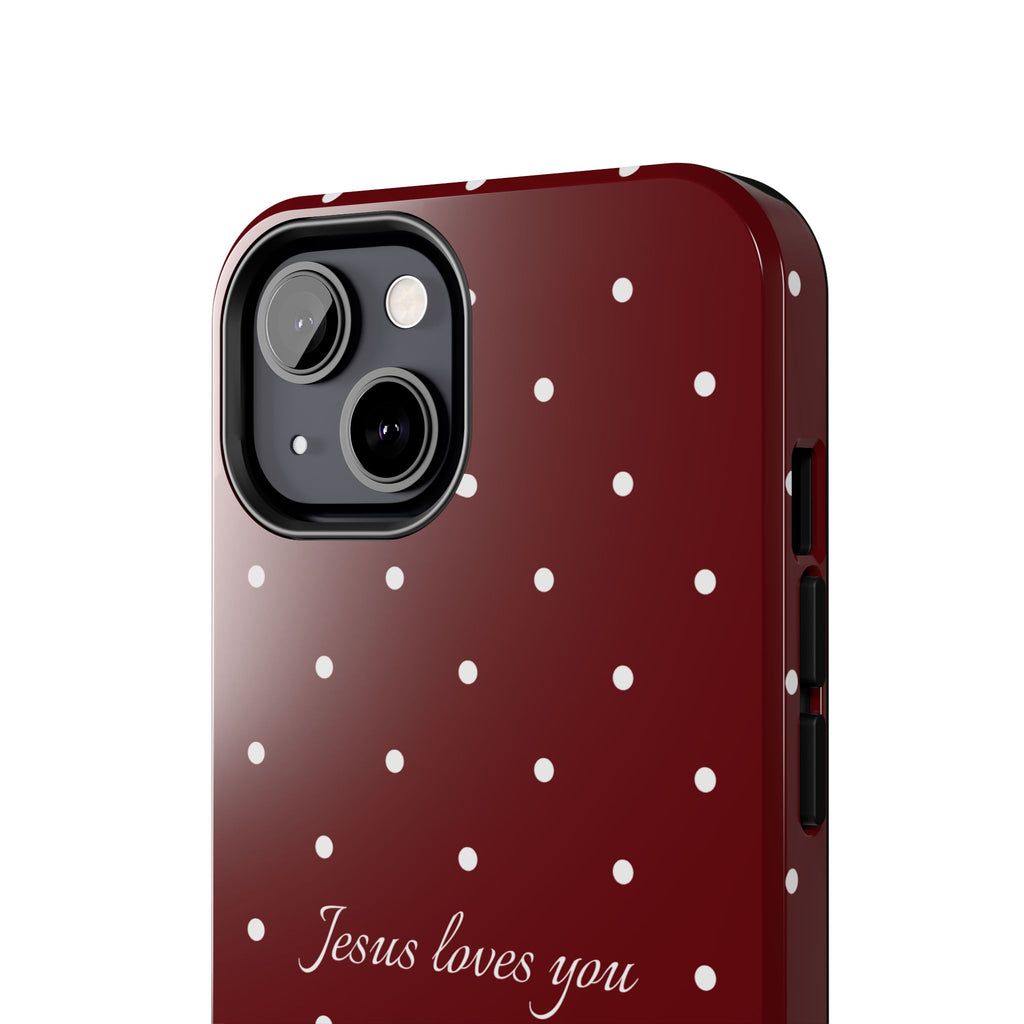Jesus Loves You Dark Red and White Polka Dot Case