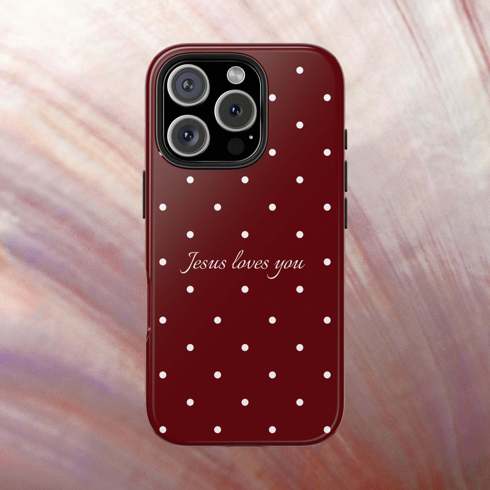 Jesus Loves You Dark Red and White Polka Dot Case