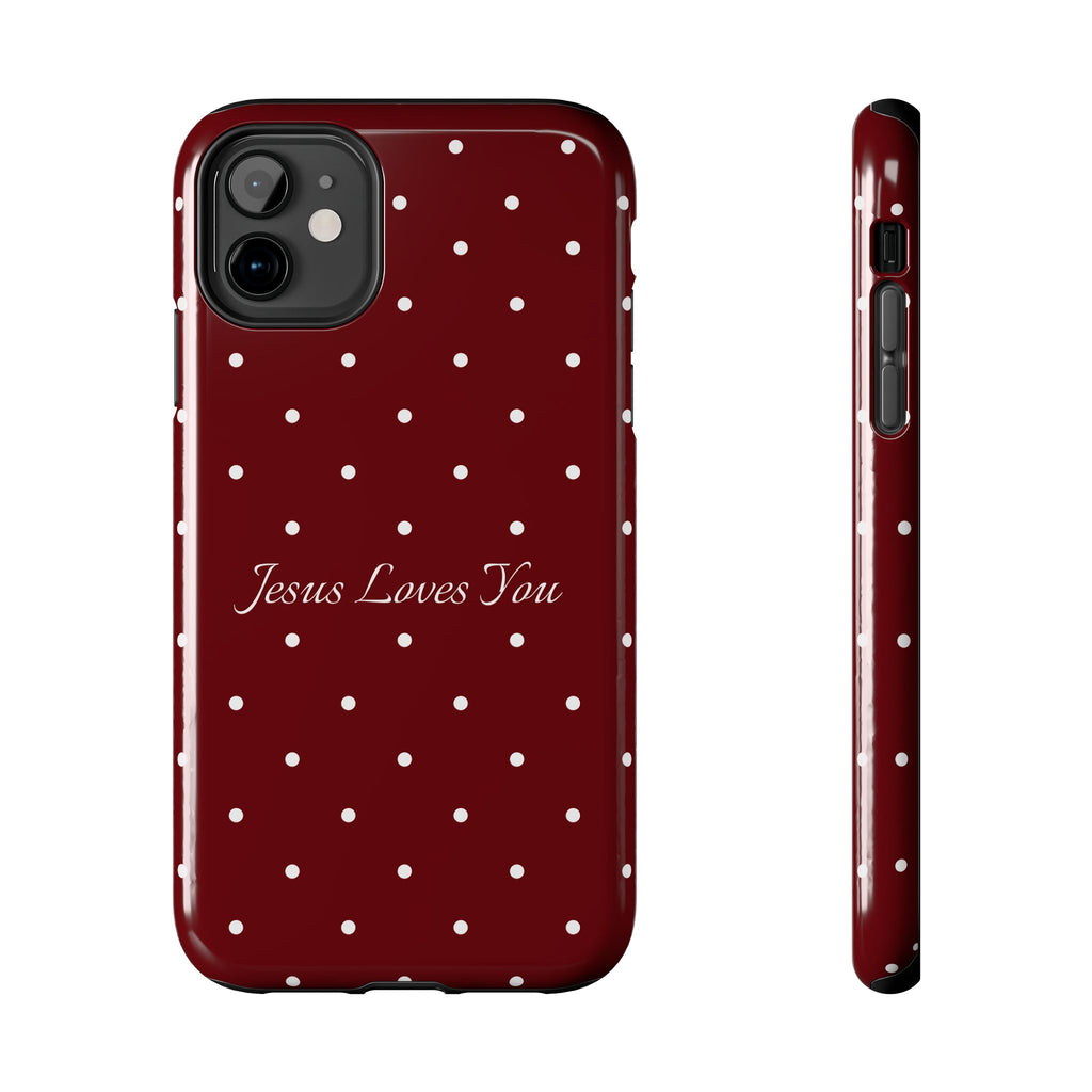Dark Red and White Polka Dot Phone Case - Jesus Loves You Protective Phone Case