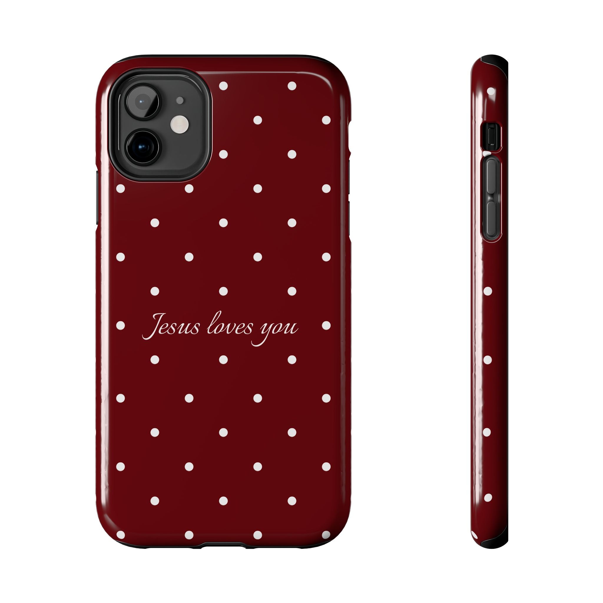 Jesus Loves You Dark Red and White Polka Dot Case