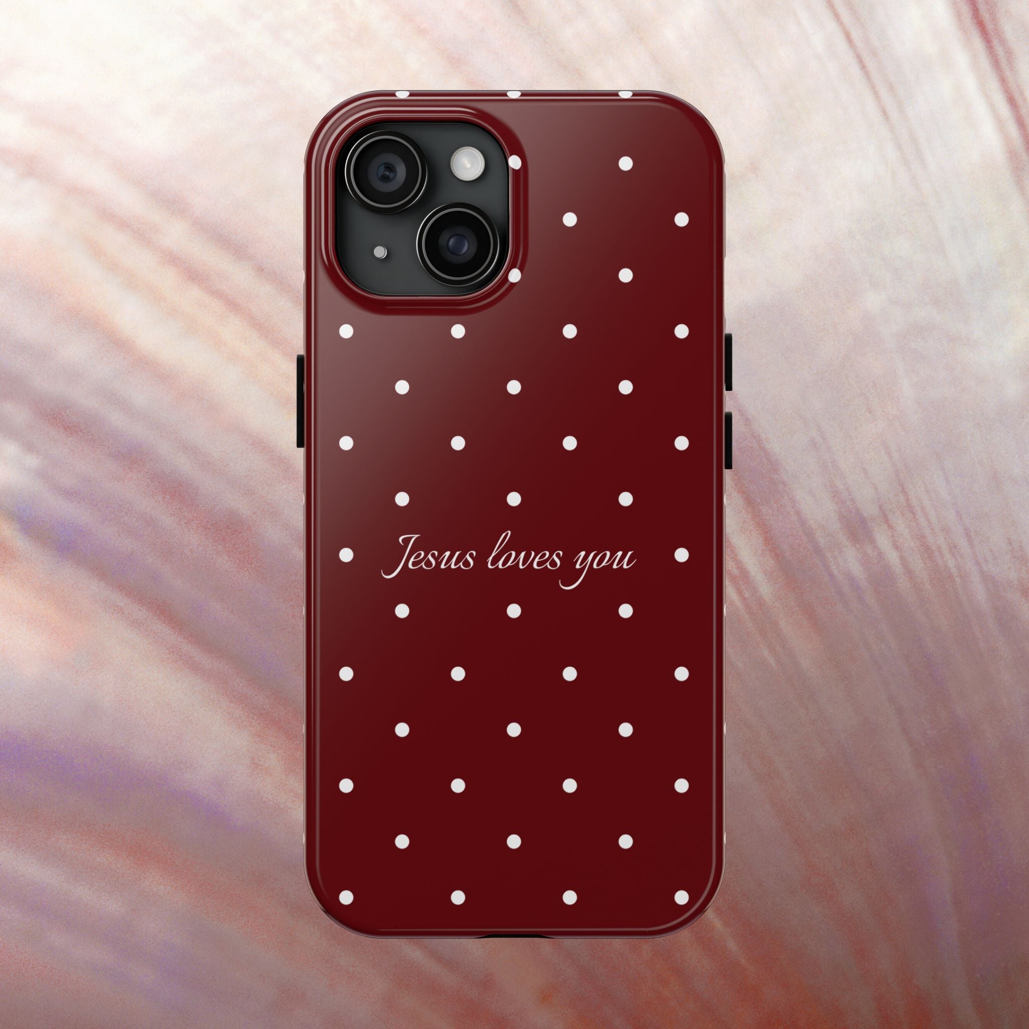 Jesus Loves You Dark Red and White Polka Dot Case