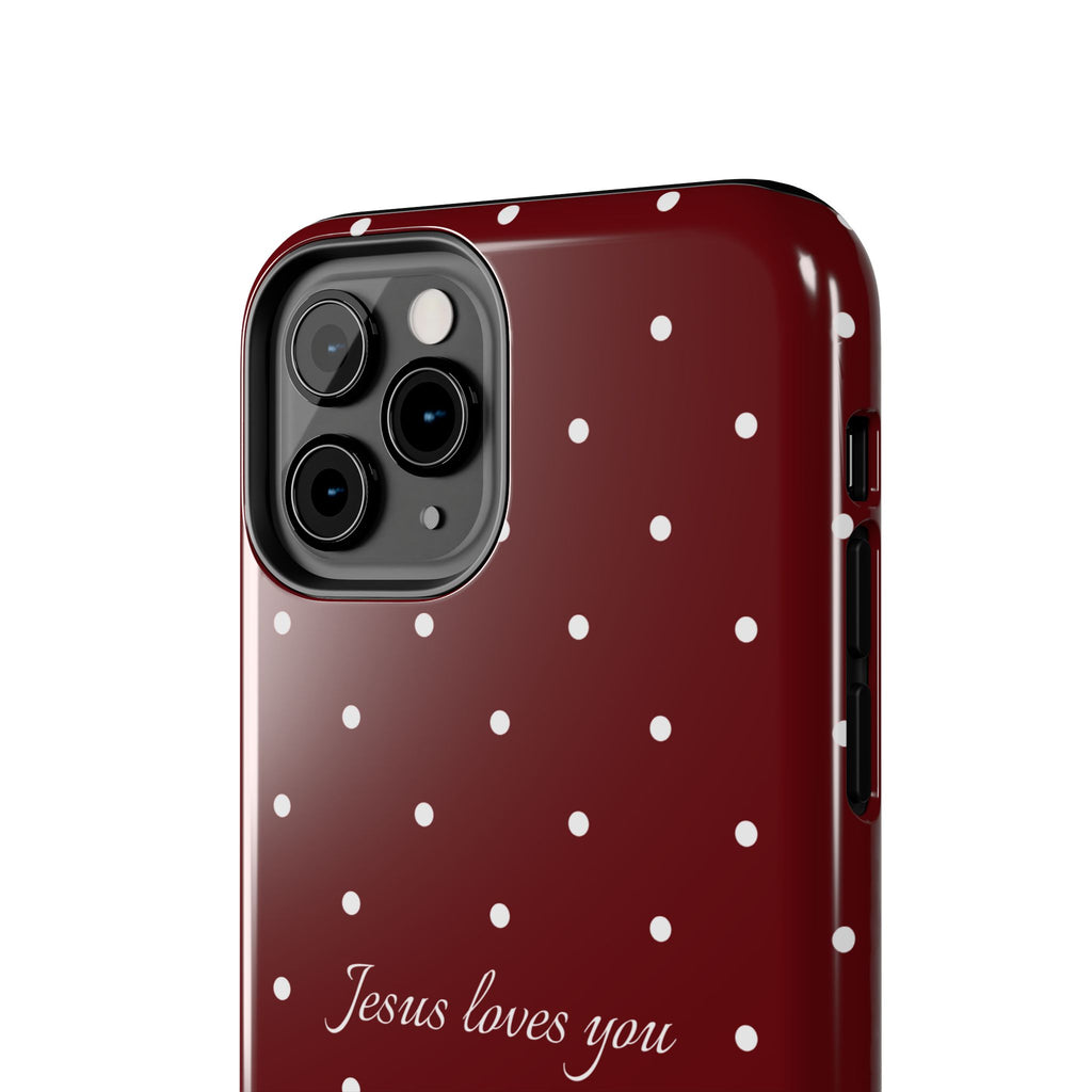 Jesus Loves You Dark Red and White Polka Dot Case