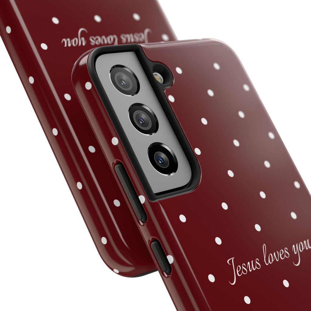 Jesus Loves You Dark Red and White Polka Dot Case