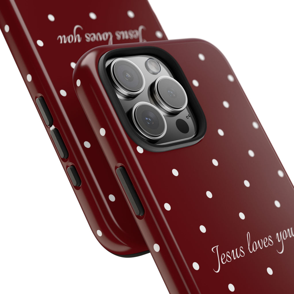 Jesus Loves You Dark Red and White Polka Dot Case