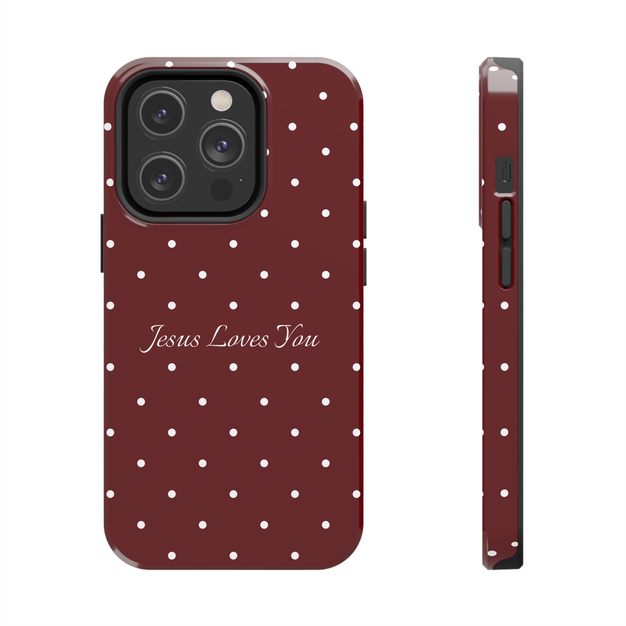 Dark Red and White Polka Dot Phone Case - Jesus Loves You Protective Phone Case