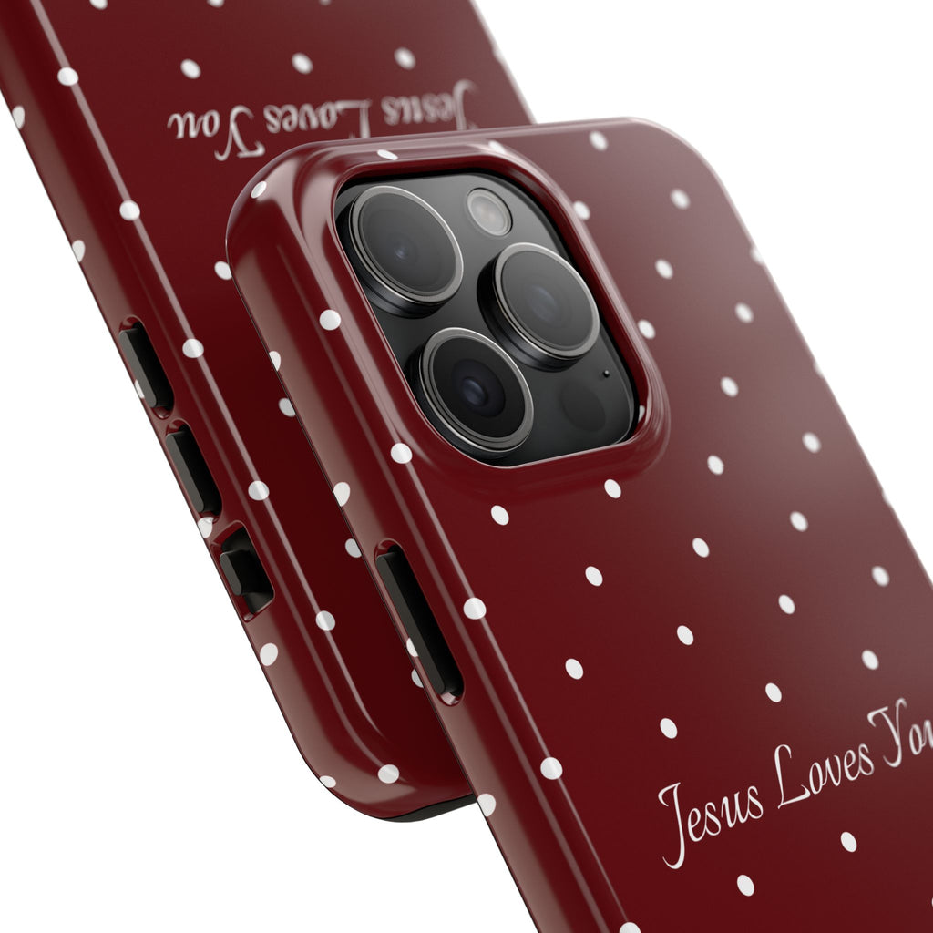 Dark Red and White Polka Dot Phone Case - Jesus Loves You Protective Phone Case
