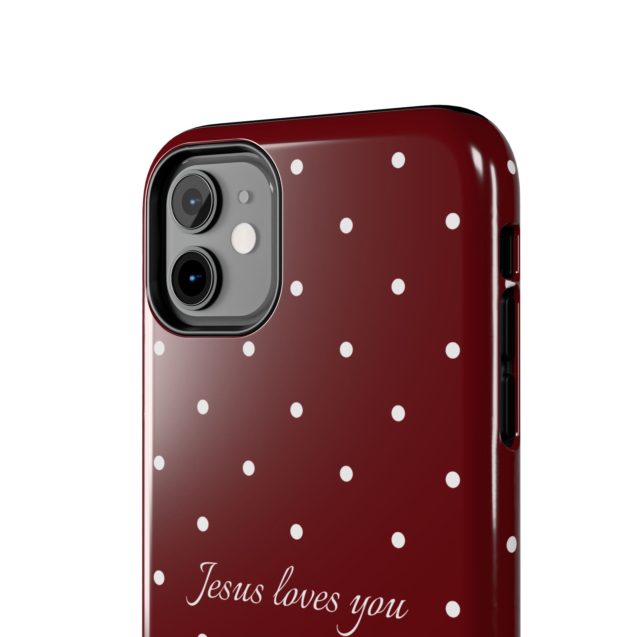 Jesus Loves You Dark Red and White Polka Dot Case