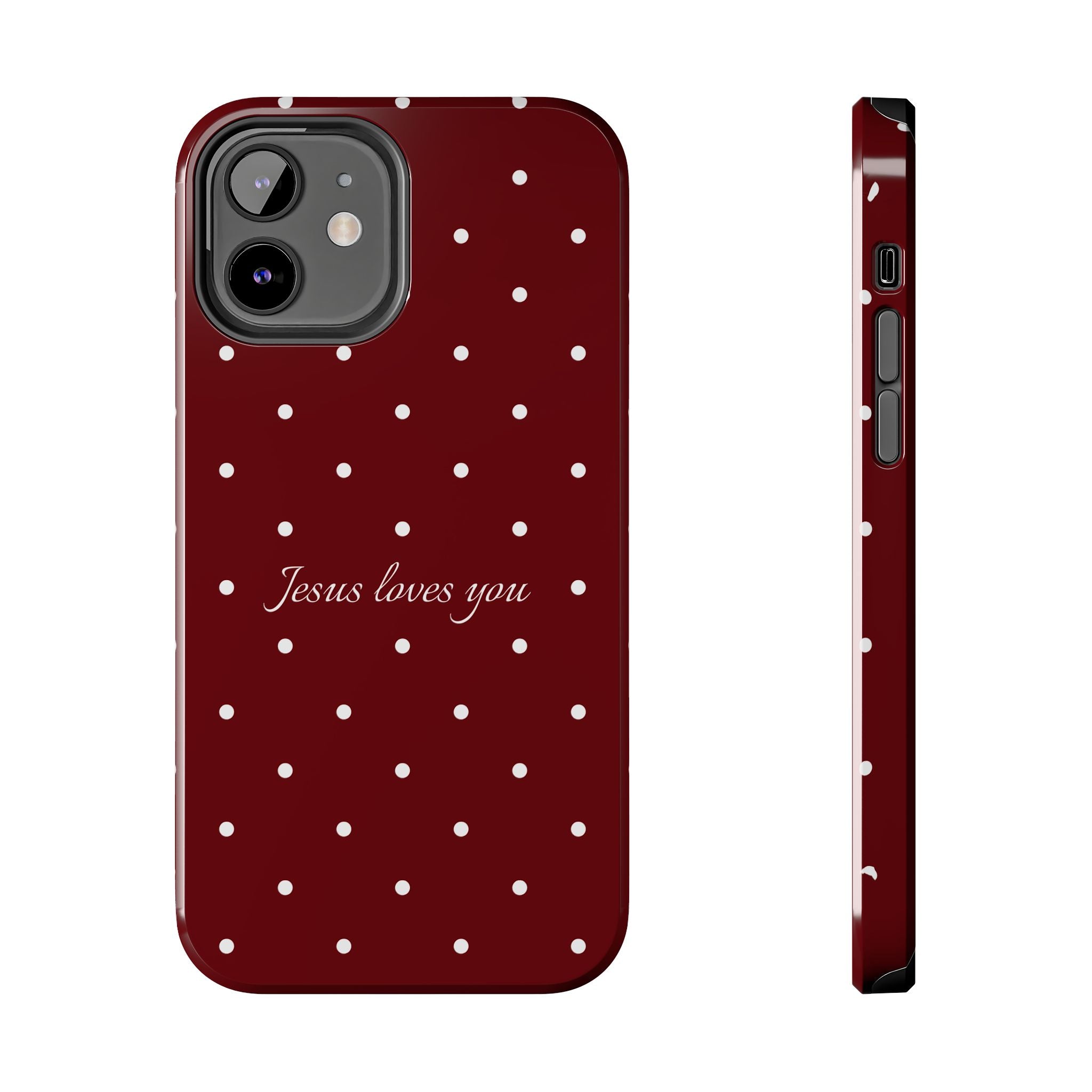 Jesus Loves You Dark Red and White Polka Dot Case