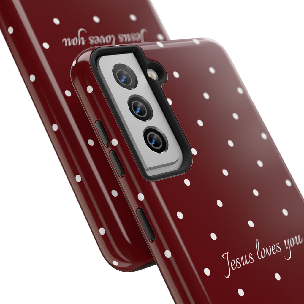 Jesus Loves You Dark Red and White Polka Dot Case