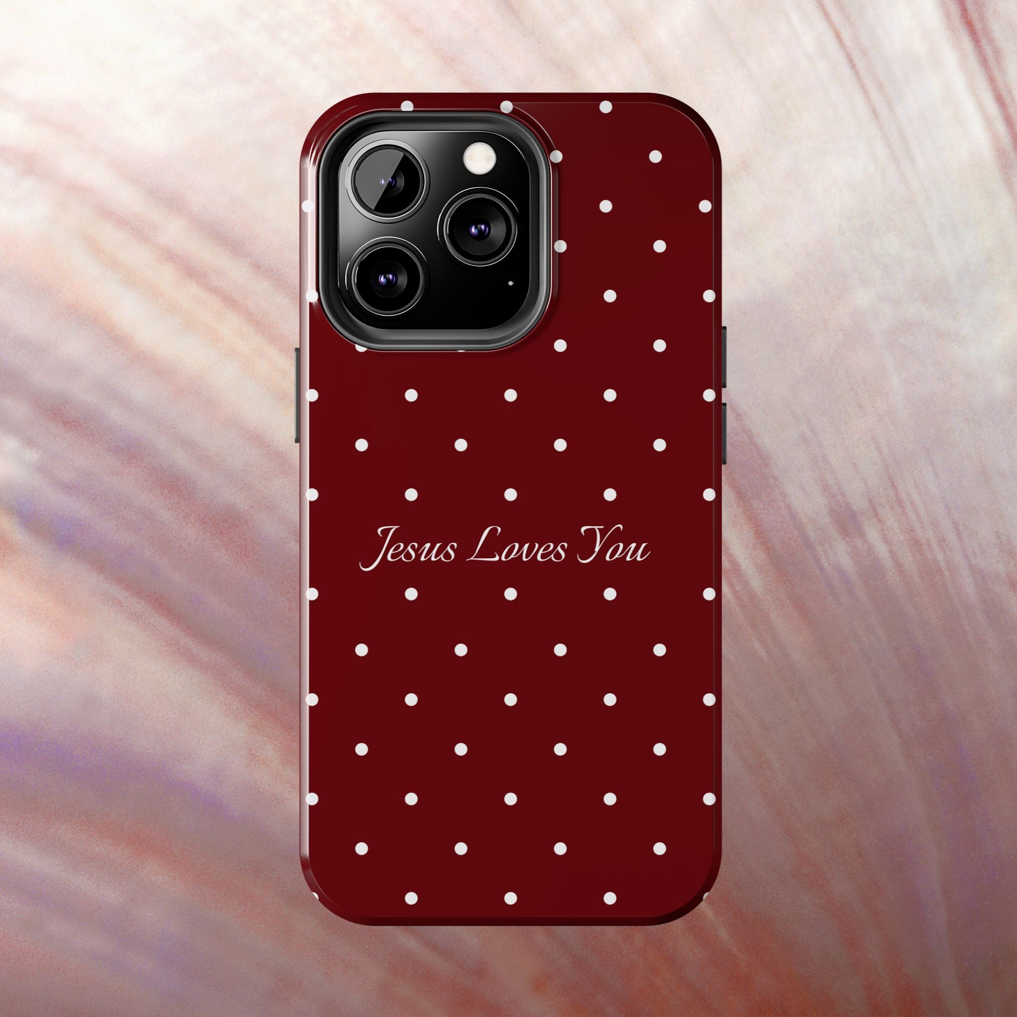 Dark Red and White Polka Dot Phone Case - Jesus Loves You Protective Phone Case