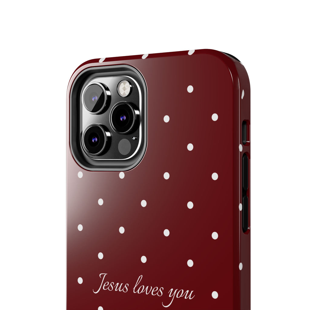 Jesus Loves You Dark Red and White Polka Dot Case