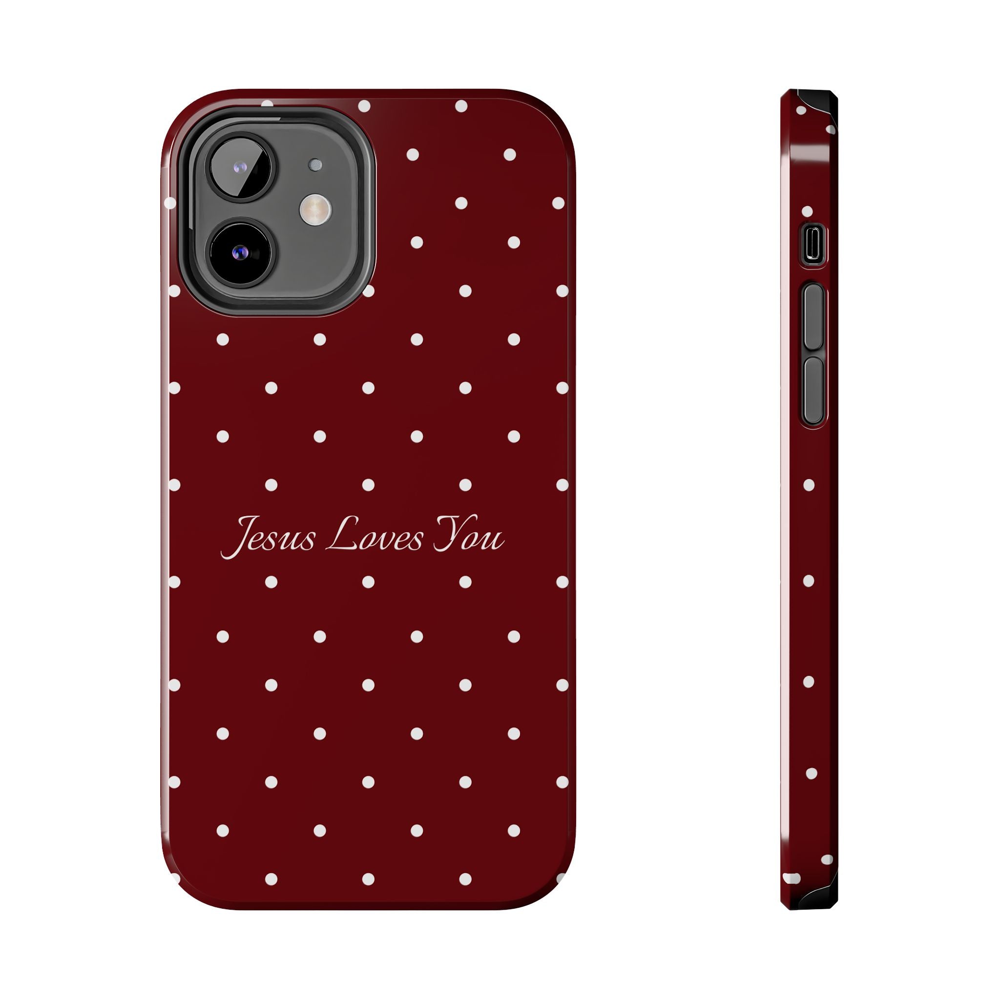 Dark Red and White Polka Dot Phone Case - Jesus Loves You Protective Phone Case