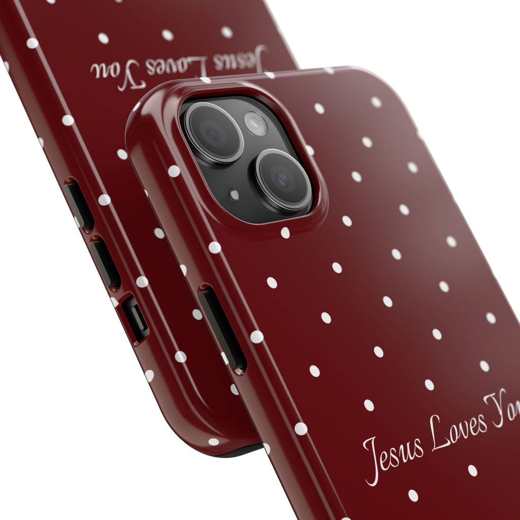 Dark Red and White Polka Dot Phone Case - Jesus Loves You Protective Phone Case