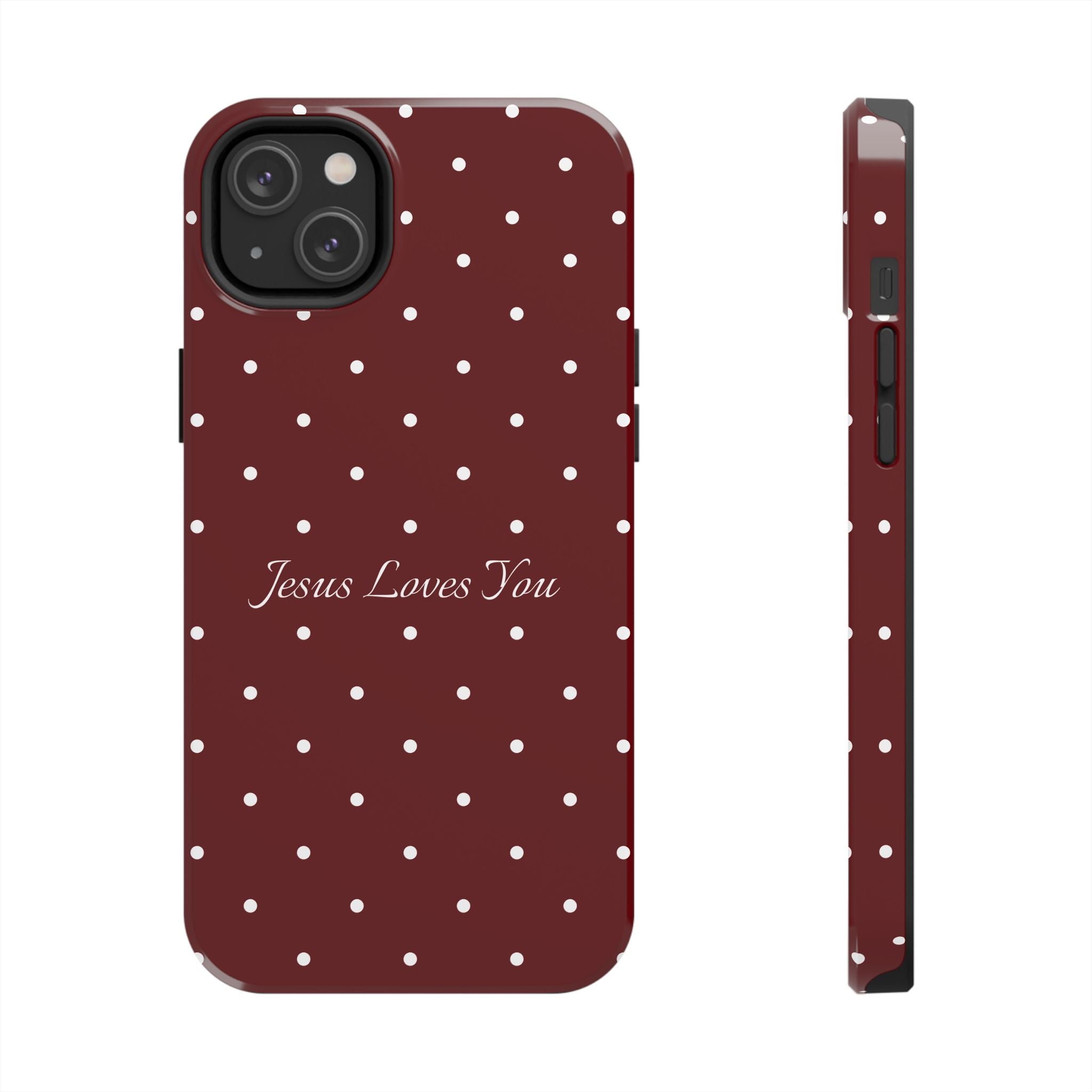 Dark Red and White Polka Dot Phone Case - Jesus Loves You Protective Phone Case