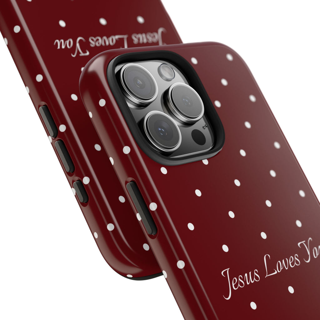 Dark Red and White Polka Dot Phone Case - Jesus Loves You Protective Phone Case