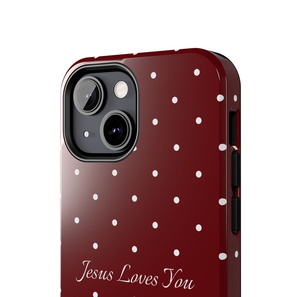 Dark Red and White Polka Dot Phone Case - Jesus Loves You Protective Phone Case