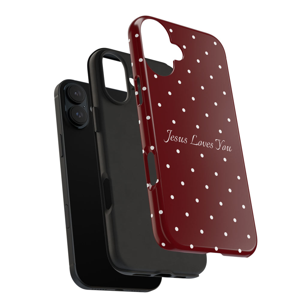 Dark Red and White Polka Dot Phone Case - Jesus Loves You Protective Phone Case