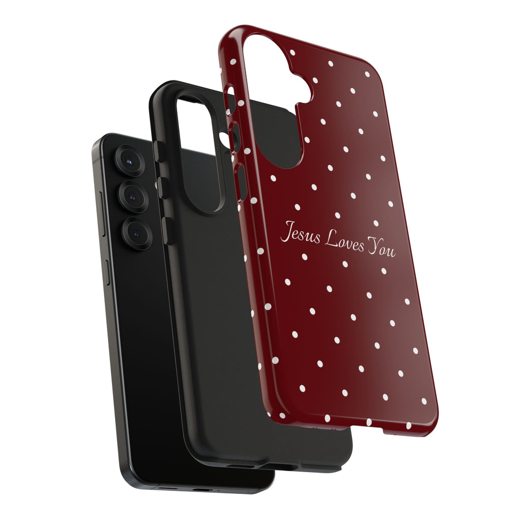 Dark Red and White Polka Dot Phone Case - Jesus Loves You Protective Phone Case