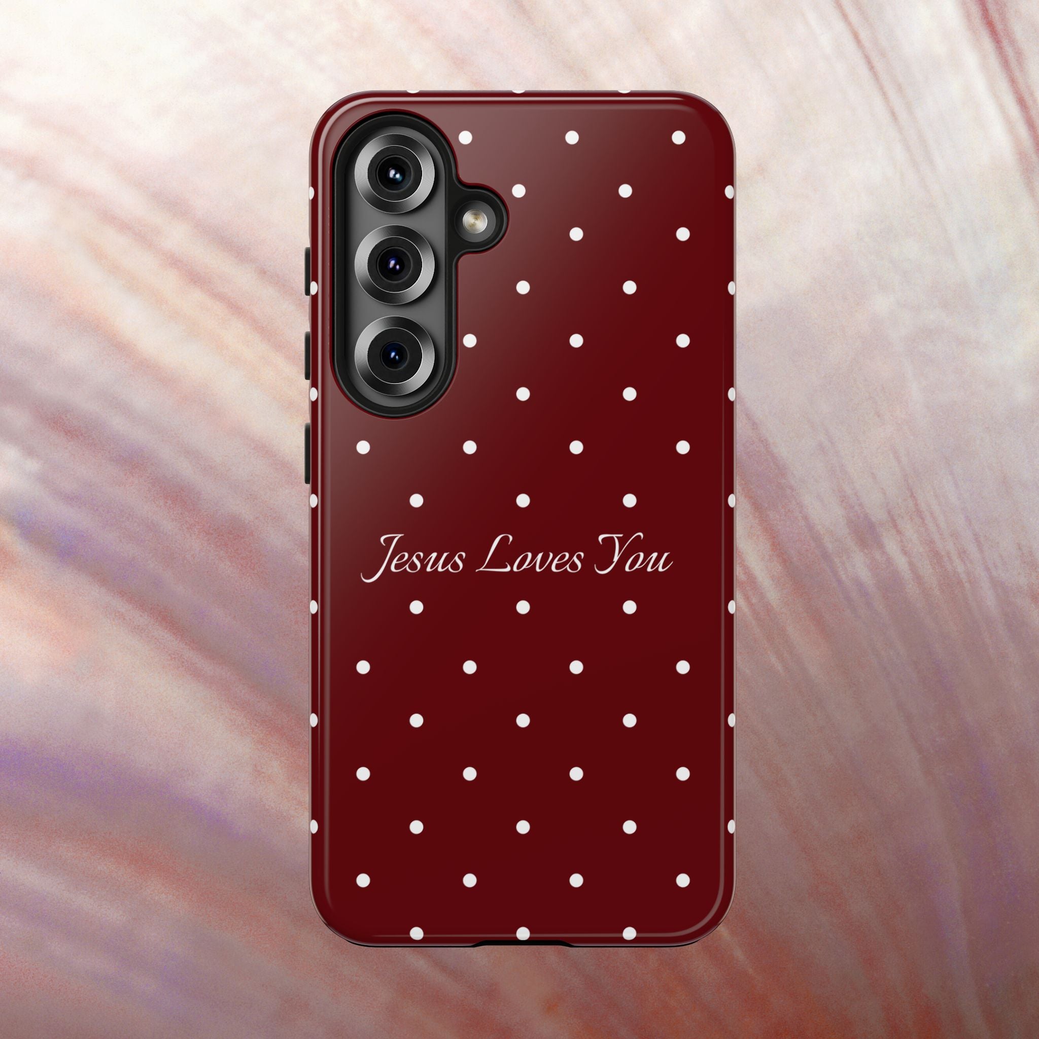 Dark Red and White Polka Dot Phone Case - Jesus Loves You Protective Phone Case