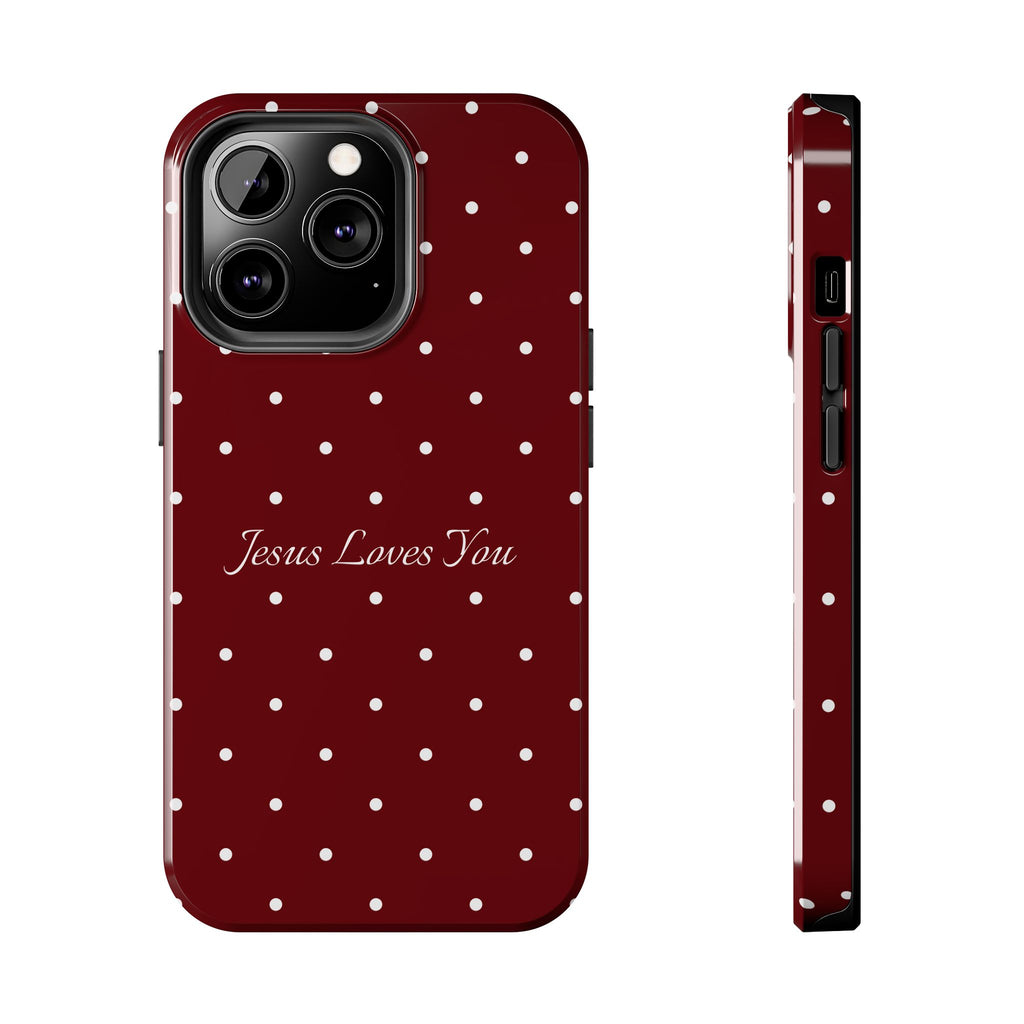 Dark Red and White Polka Dot Phone Case - Jesus Loves You Protective Phone Case