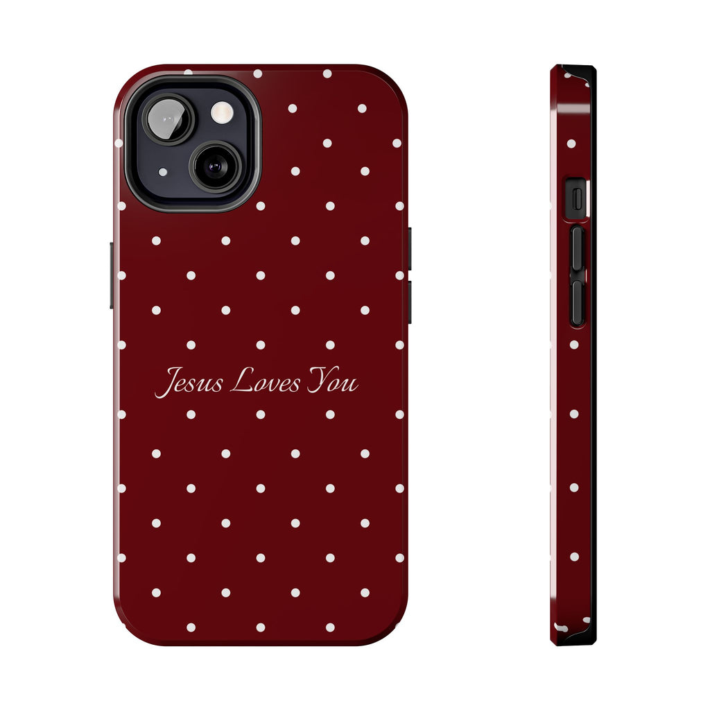 Dark Red and White Polka Dot Phone Case - Jesus Loves You Protective Phone Case