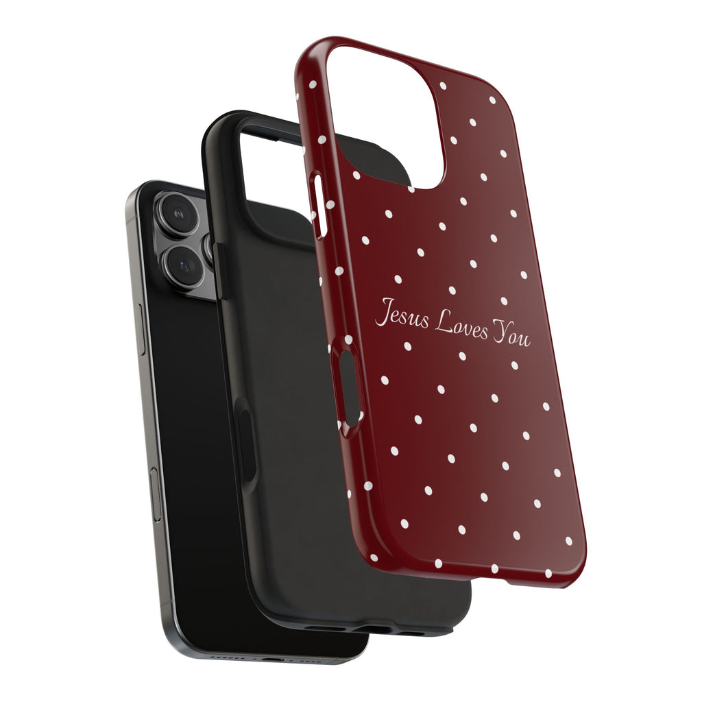 Dark Red and White Polka Dot Phone Case - Jesus Loves You Protective Phone Case