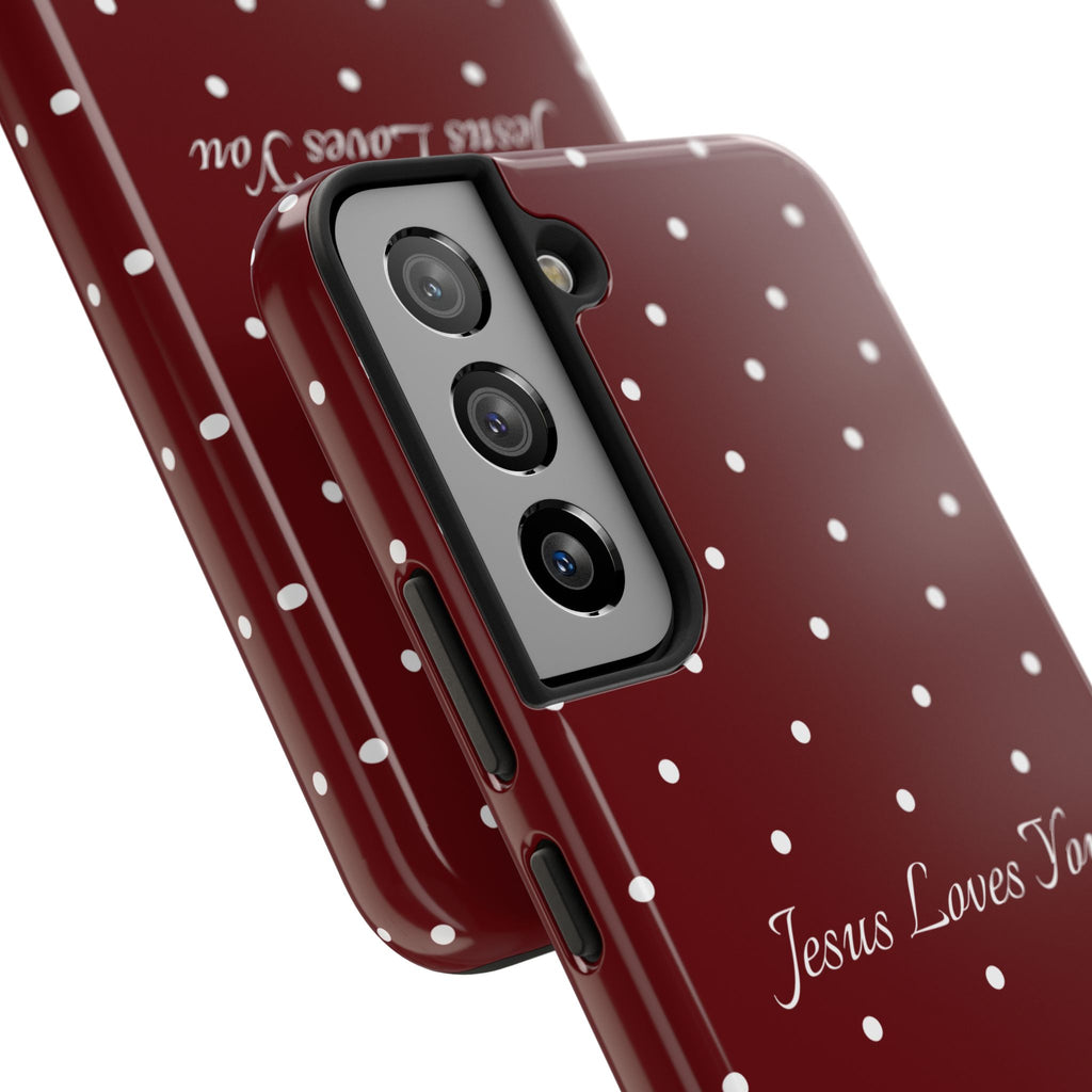 Dark Red and White Polka Dot Phone Case - Jesus Loves You Protective Phone Case