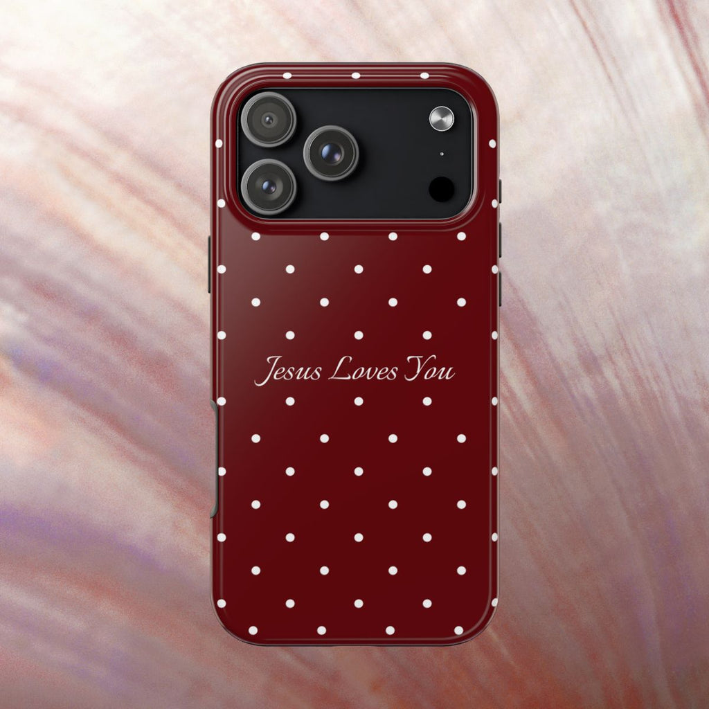 Dark Red and White Polka Dot Phone Case - Jesus Loves You Protective Phone Case